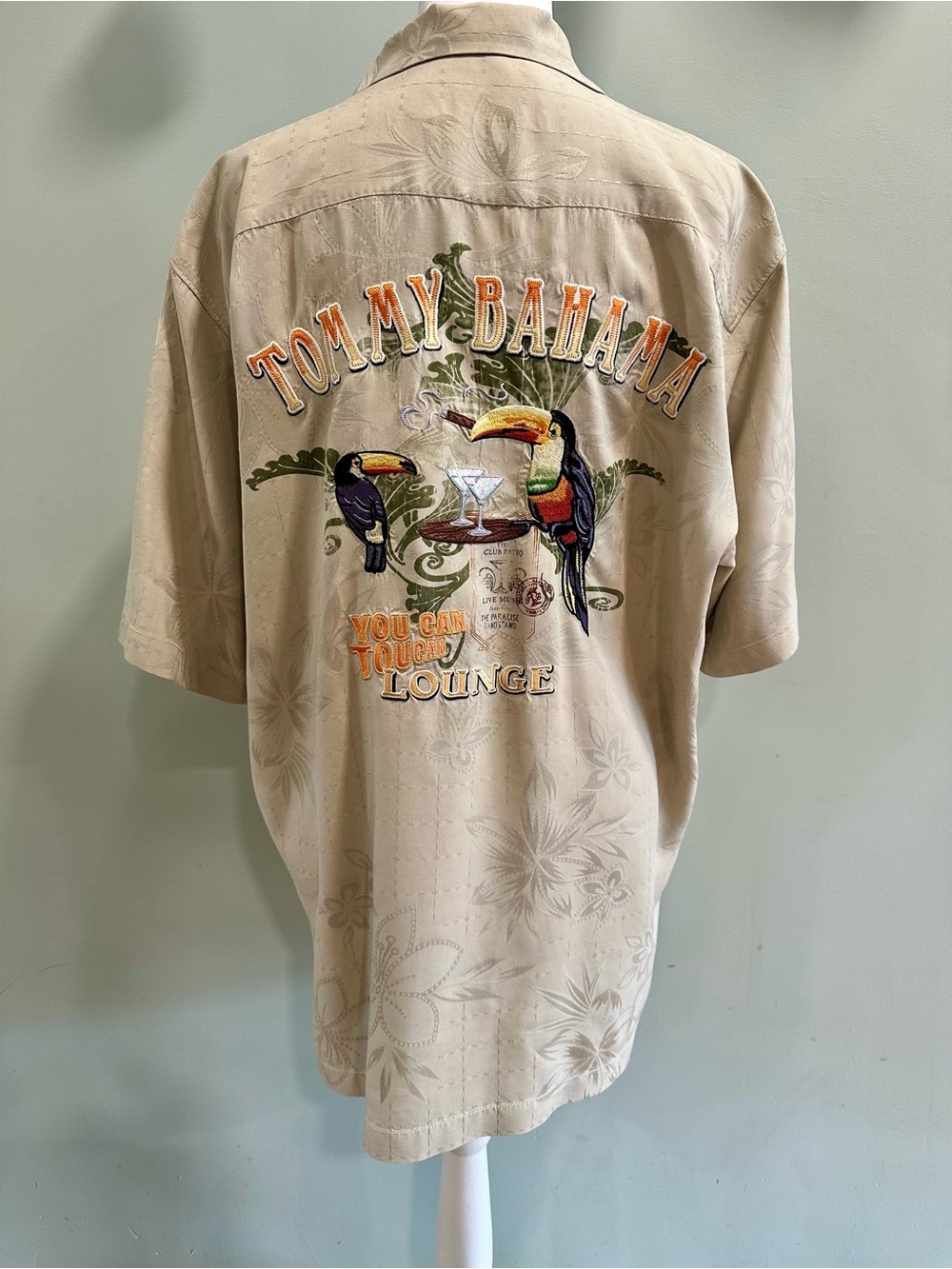 Tommy Bahama Tan Embroidered Logo Resort Shirt 100% Silk